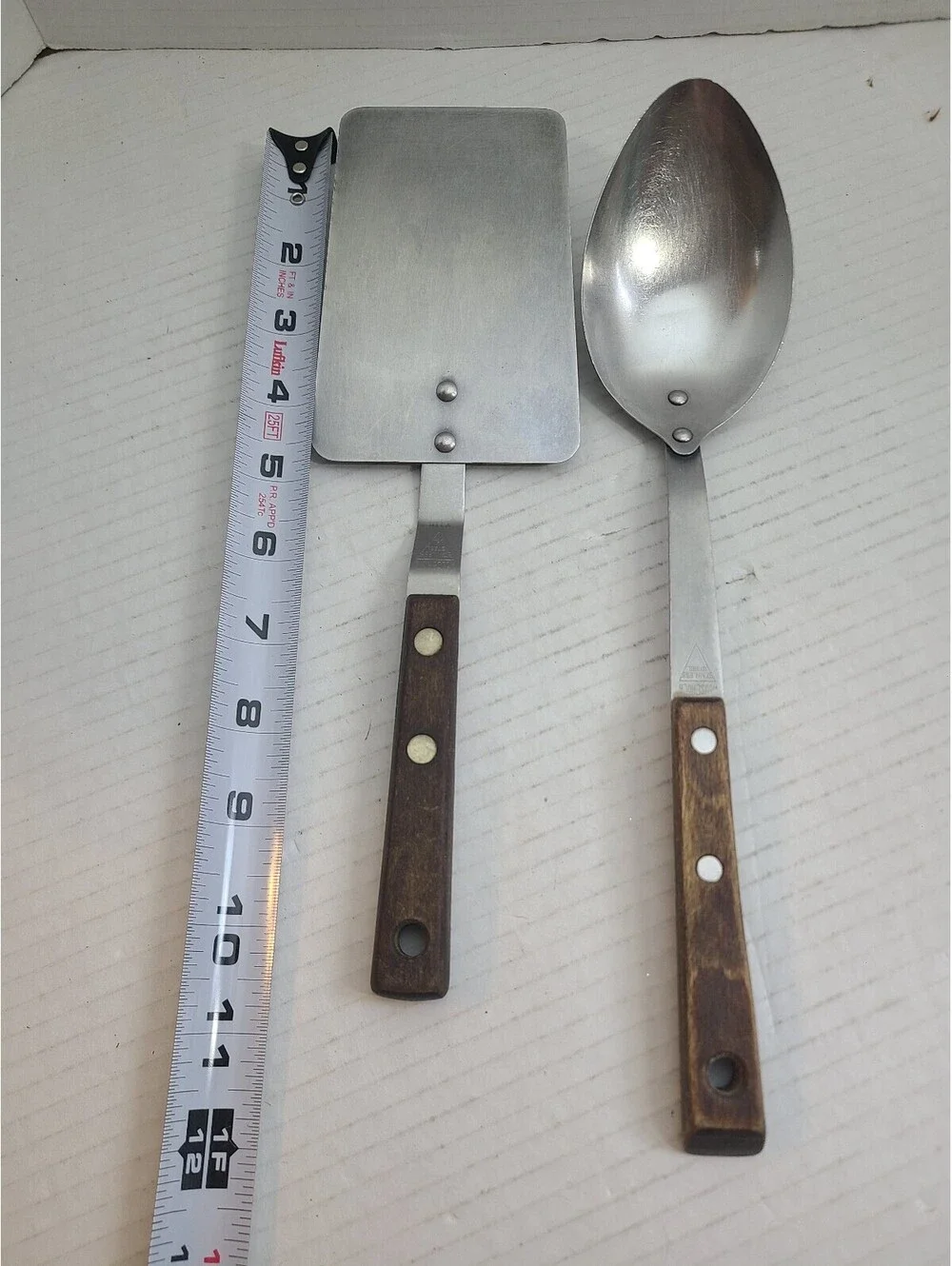 Vintage MCM Household Stainless Steel Spatula & Serving Spoon Wooden Handle Set